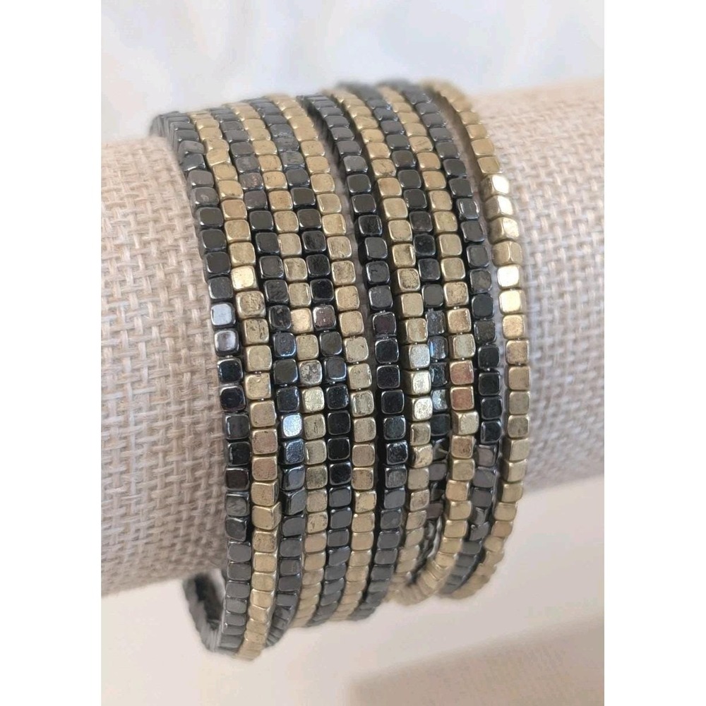 Gold‎ & Gunmetal Cube Bead Wrap Stretch Bracelet Stack Boho Layered